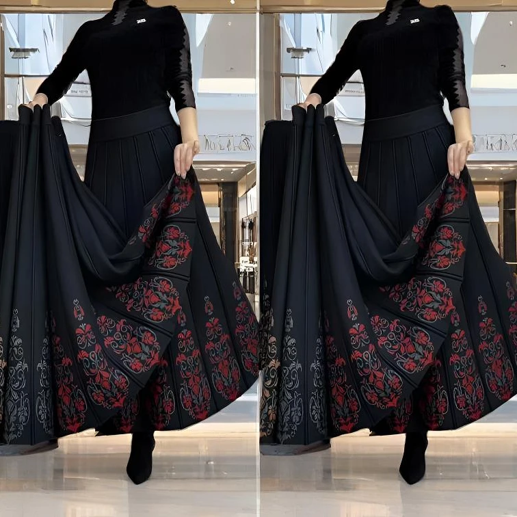 秋冬针织高级感新款大摆裙花色妈妈裙松紧腰高档妈妈百褶裙民族风