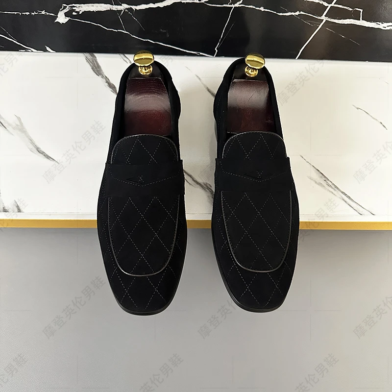 男款磨砂皮反毛皮一脚蹬乐福鞋商务便士皮鞋男百搭男士皮鞋透气