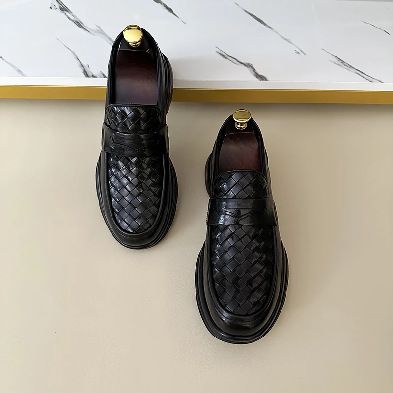 新款男士编织款气垫底厚底乐福鞋软底软面商务休闲皮鞋一脚蹬皮鞋