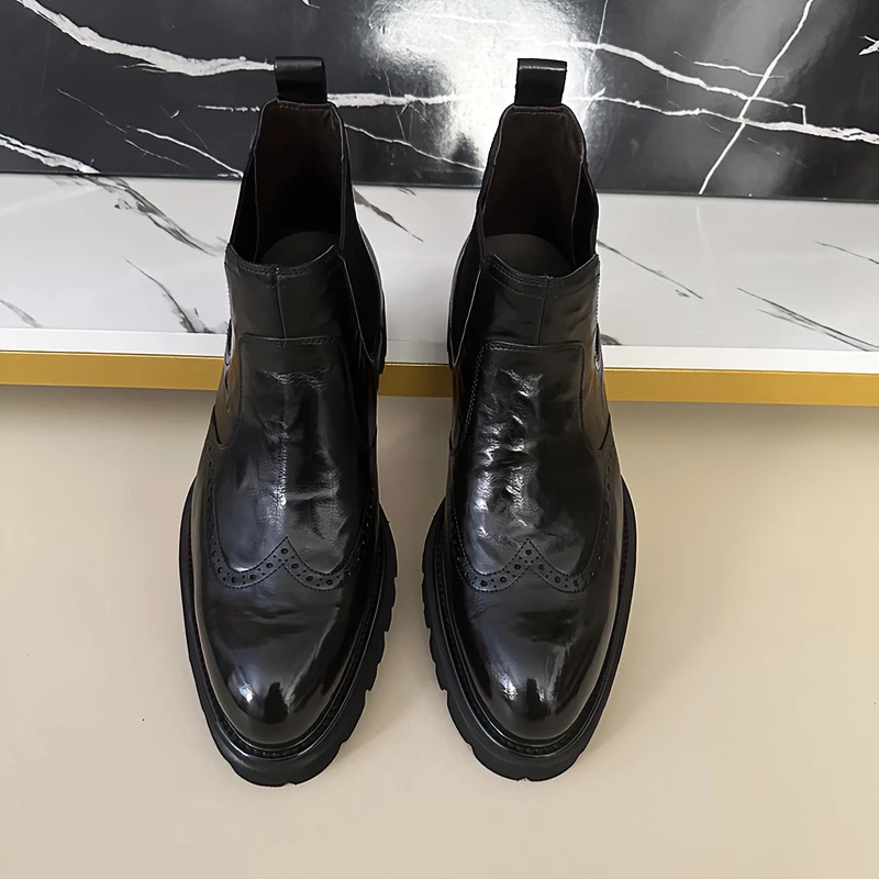 秋冬新款英伦风商务休闲厚底男款切尔西高帮皮靴潮流短靴亮面百搭