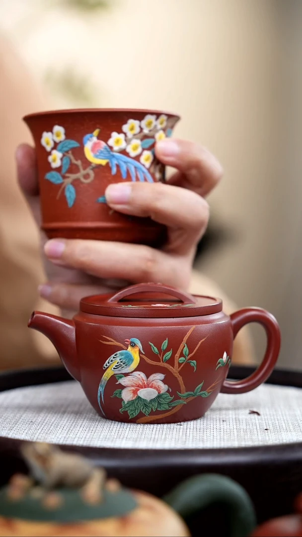 【闪购商品】紫砂茶壶红皮龙汉瓦泥绘花鸟+降坡泥花鸟杯