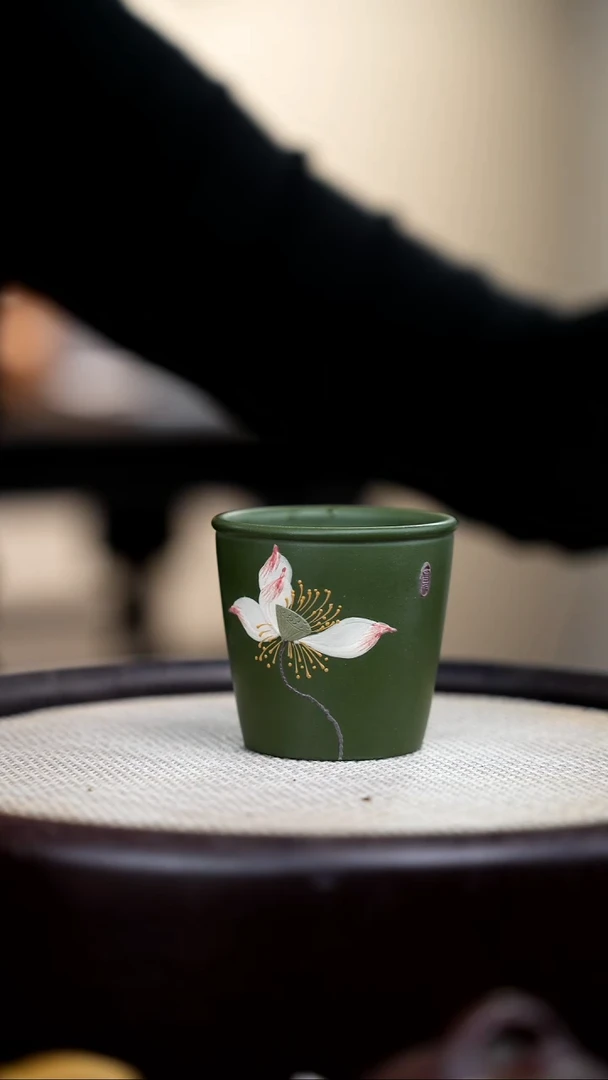 【闪购商品】紫砂茶壶民国绿直升杯泥绘荷花