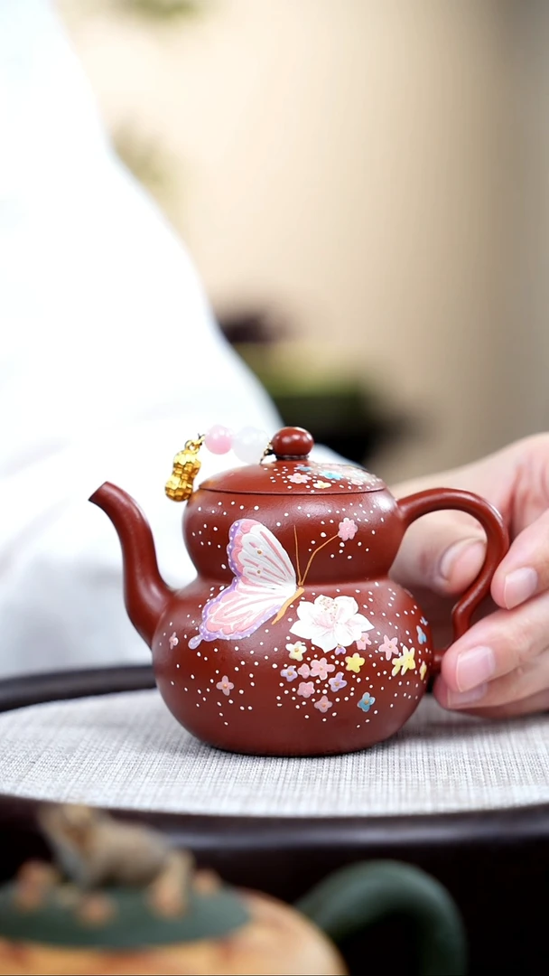 【闪购商品】紫砂茶壶大红袍葫芦壶泥绘大蝴蝶
