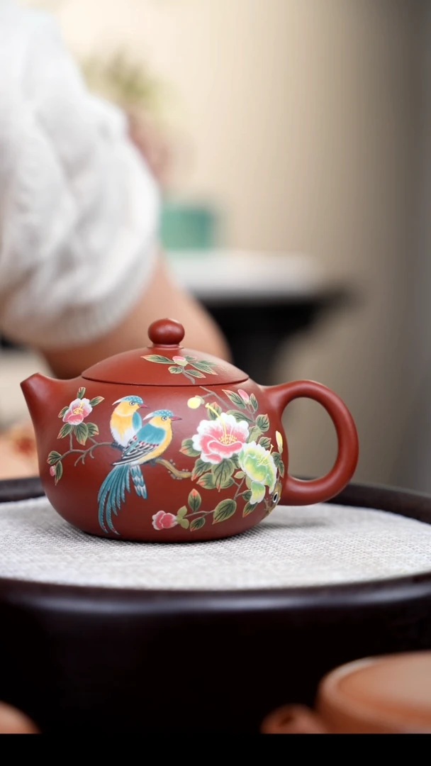 【闪购商品】紫砂茶壶粗砂朱泥大红袍西施泥绘双鸟