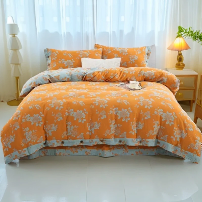 双层纱【金粉世家桔】四件 A类 母婴款 全棉 双层纱 色织提花四件套