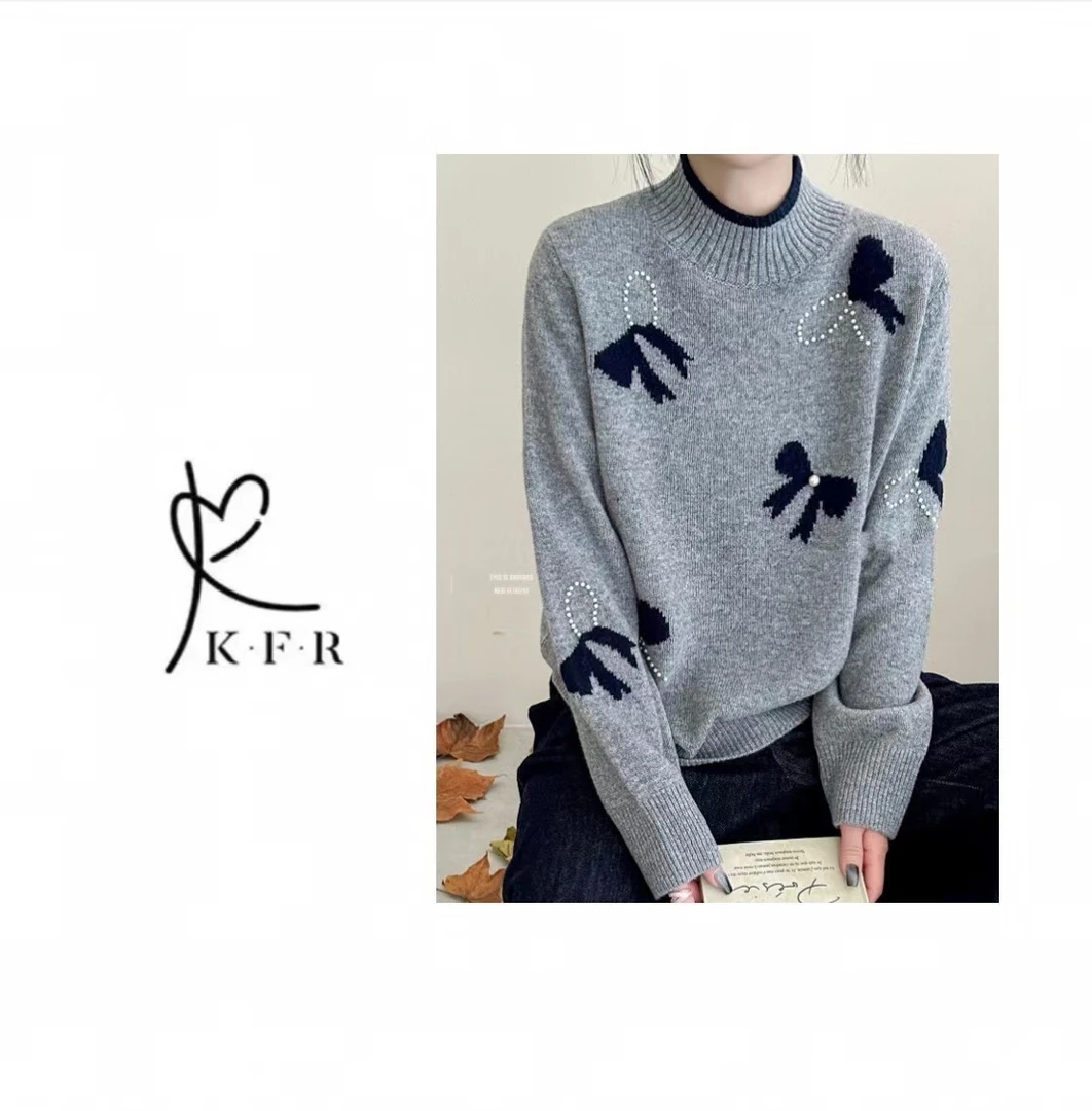 【冬季新款】韩版时尚复古蝴蝶结钉珠半高领设计针织毛衣 KFR-I11#