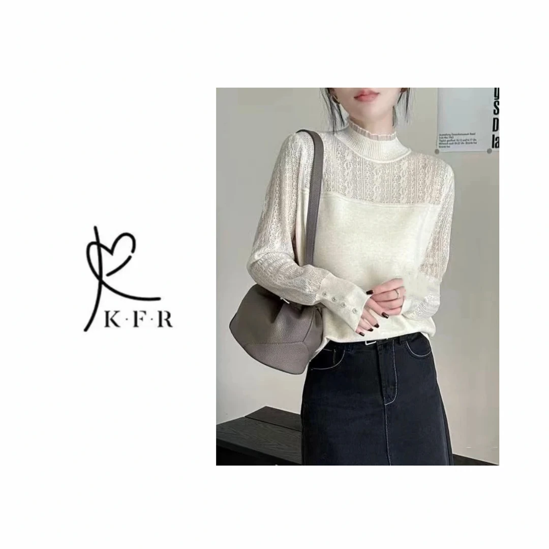 【秋季新款】韩版时尚半高领拼接蕾丝针织上衣 KFR-E18#