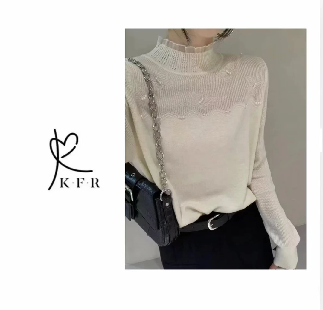 【秋季新款】韩版时尚半高领蕾丝蝴蝶串珠圆领针织毛衣 KFR-E17#
