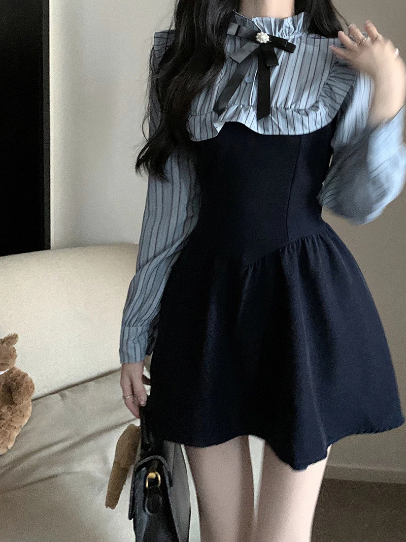 赫本风假两件衬衫连衣裙女秋冬新款收腰显瘦拼接长袖少女蓬蓬短裙