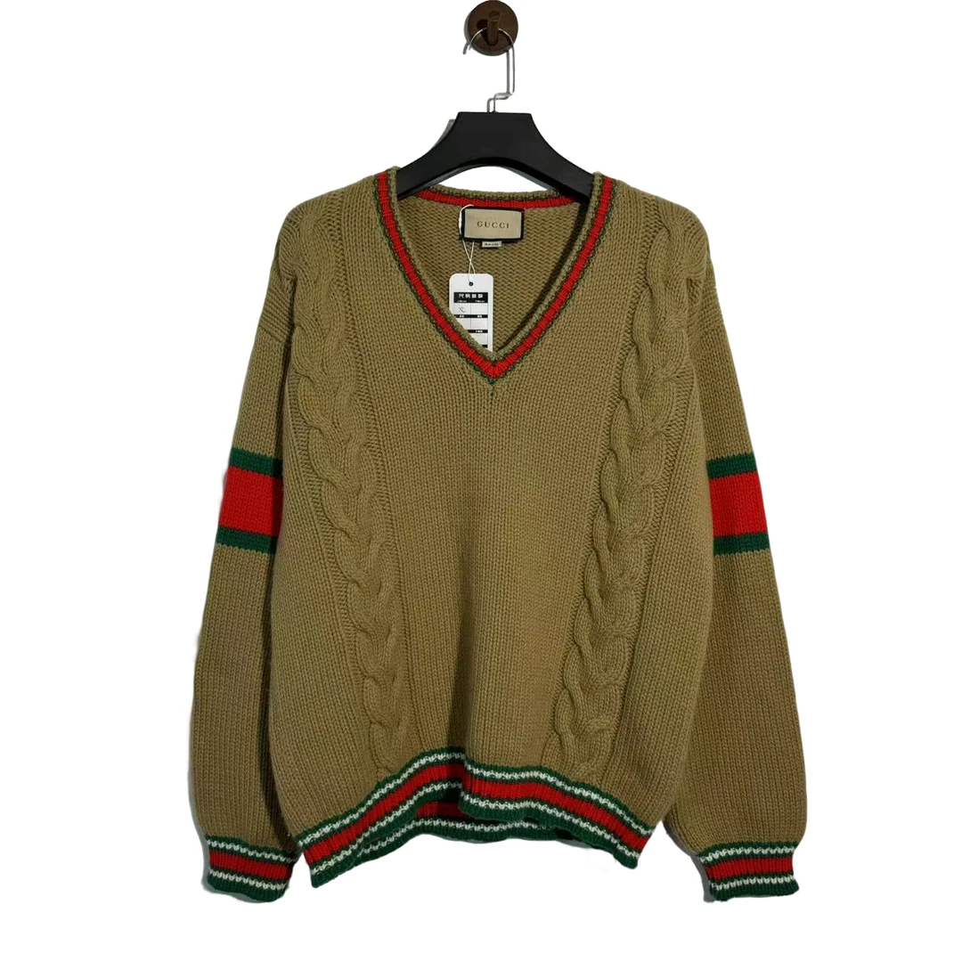 GUCCI/古驰卡其拼色条纹V领毛衣/ XL/99新/公价1.6w