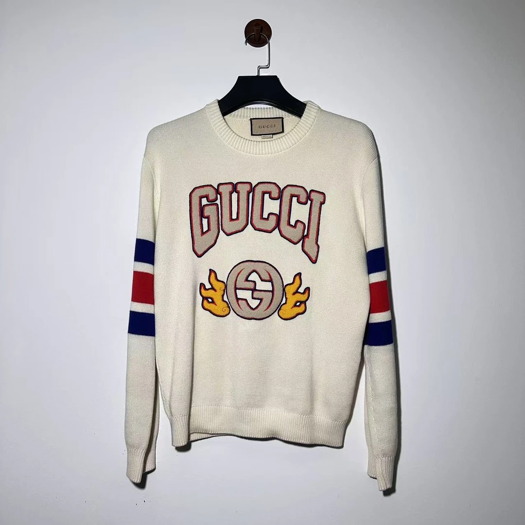 99新 GUCCI/古驰 SS24字母Logo条纹刺绣圆领毛衣/M码