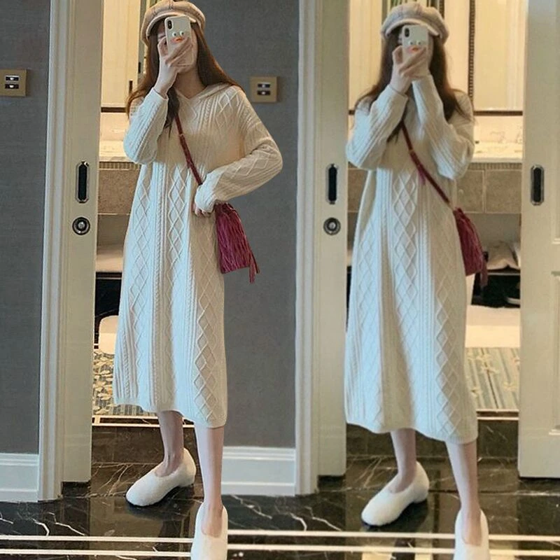 mulisha/穆丽莎连帽针织长裙子秋冬装新款法式保暖打底加厚毛衣裙