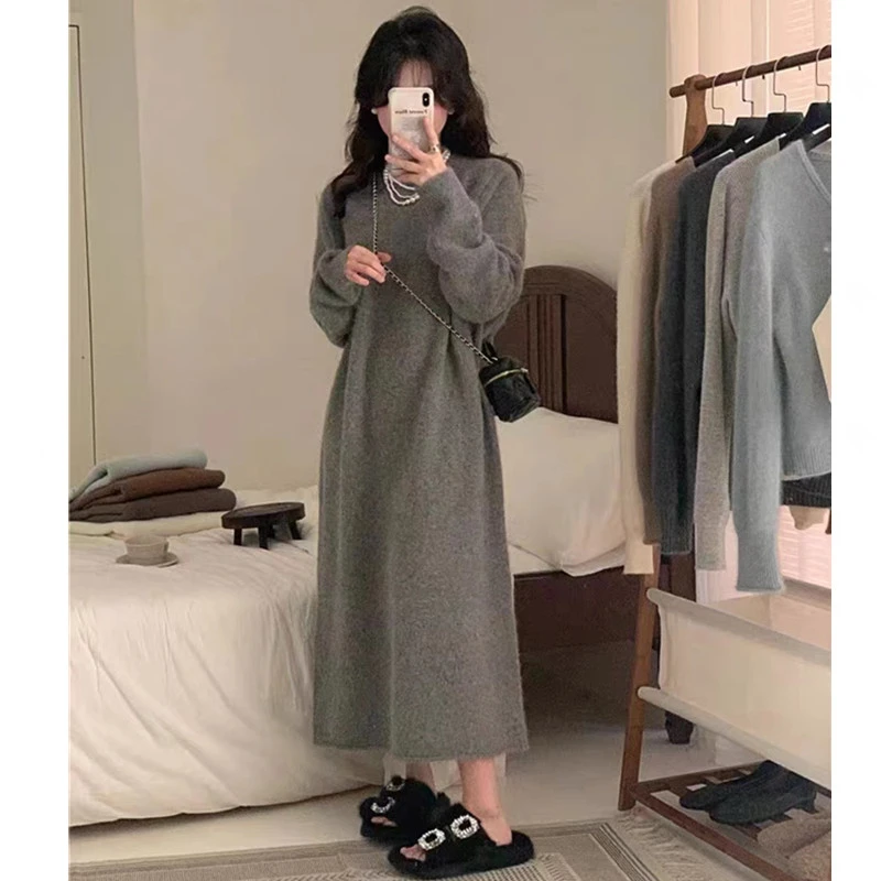 mulisha/穆丽莎圆领针织连衣裙女新款显瘦百搭过膝懒人打底毛衣裙