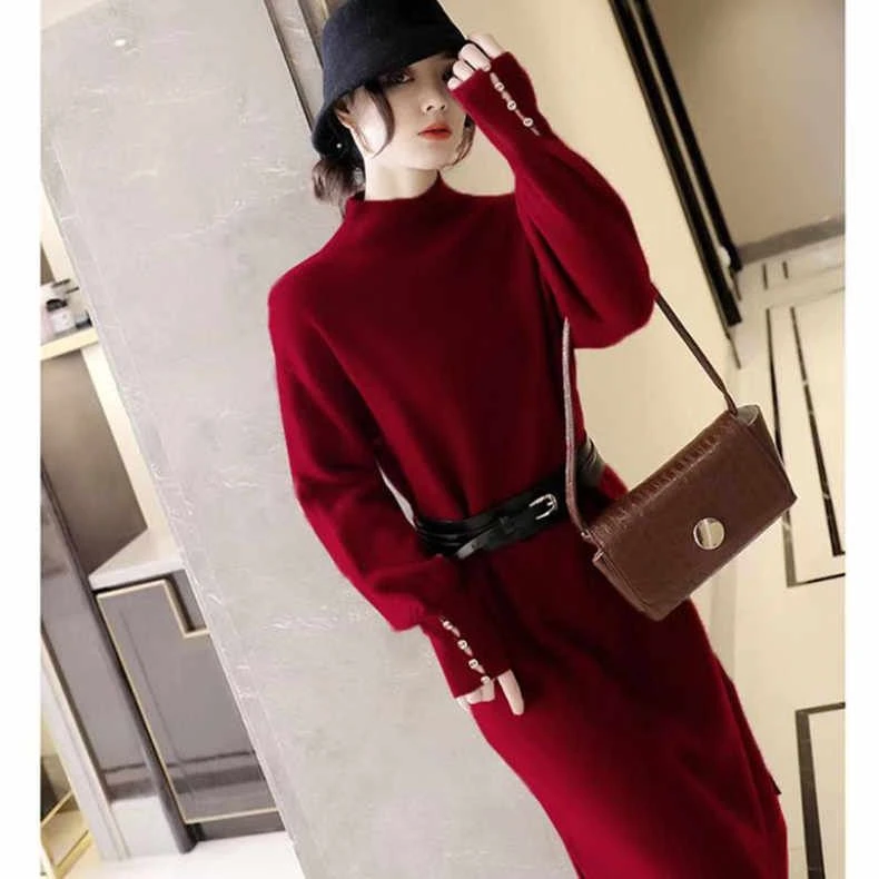mulisha/穆丽莎新款腰带收腰半高领毛衣长裙秋冬时尚配大衣打底裙
