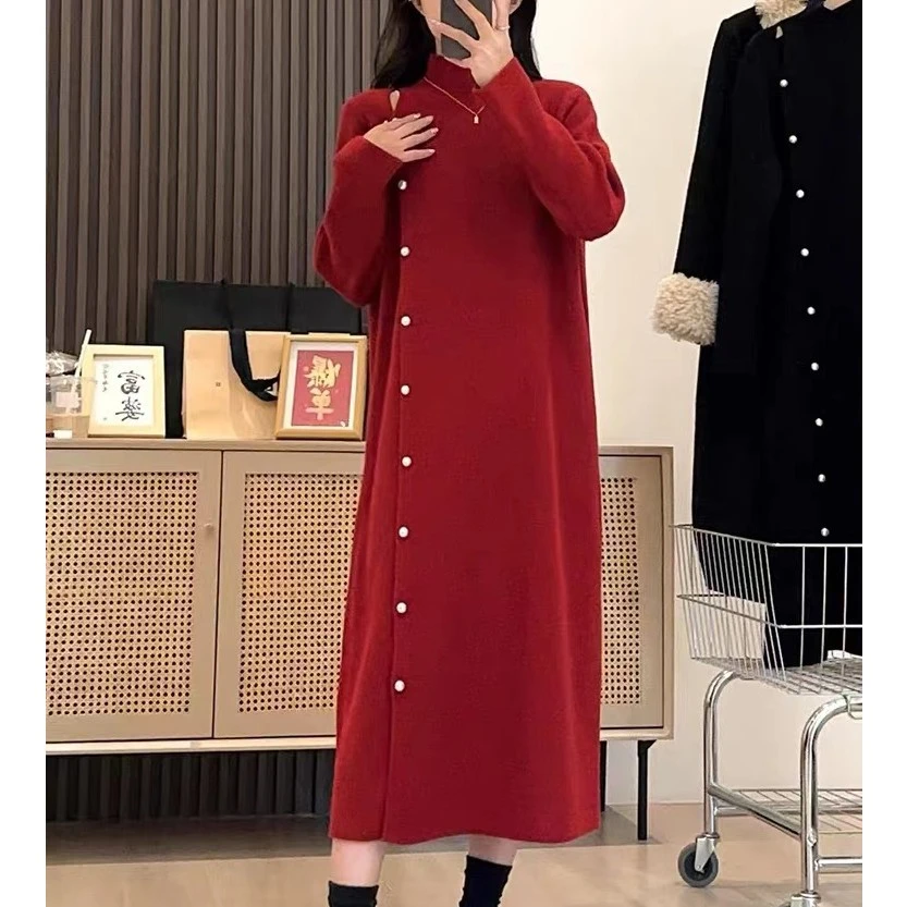 mulisha/穆丽莎秋冬新款红色针织连衣裙女新款韩版宽松打底毛衣裙