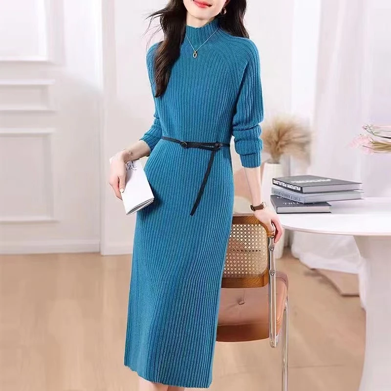 2024秋冬新款半高领纯色配大衣毛衣裙长款过膝内搭针织连衣裙