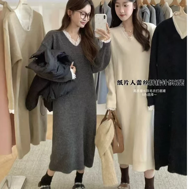 mulisha/穆丽莎韩系温柔风V领蕾丝边毛衣裙花边领长款针织连衣裙