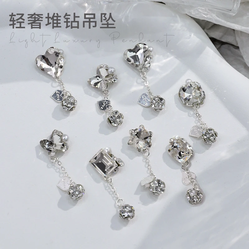 网红新款K9爆闪蝴蝶肥方歪心堆钻吊坠美甲锆石装饰品指甲小配件
