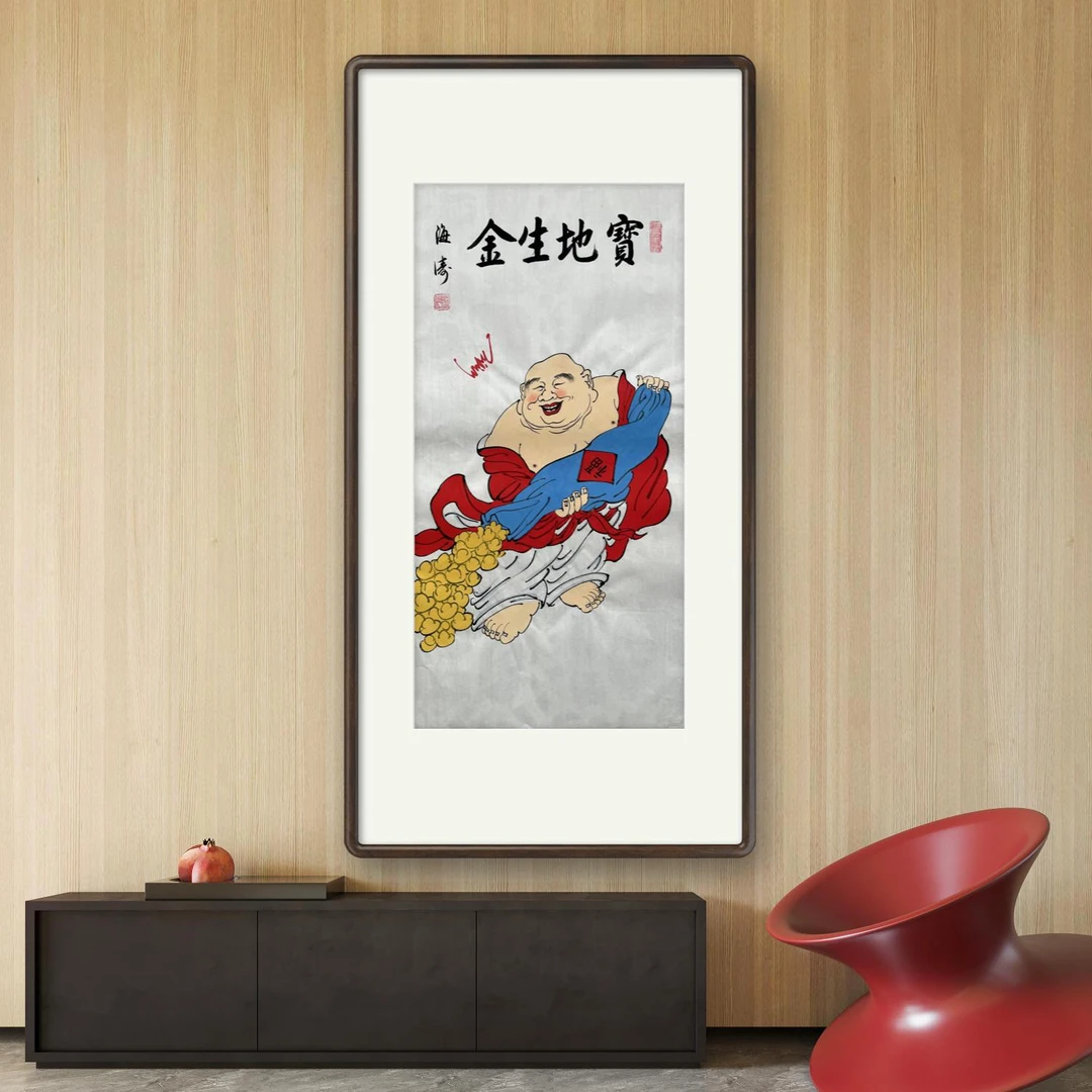 绘画-宝地生金-宣纸画约34x68无框）纯手绘家里客厅挂画装饰弥勒佛