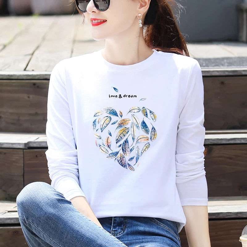 白色长袖T恤女宽松圆领上衣打底衫春秋款95%棉正肩显瘦遮肉洋气