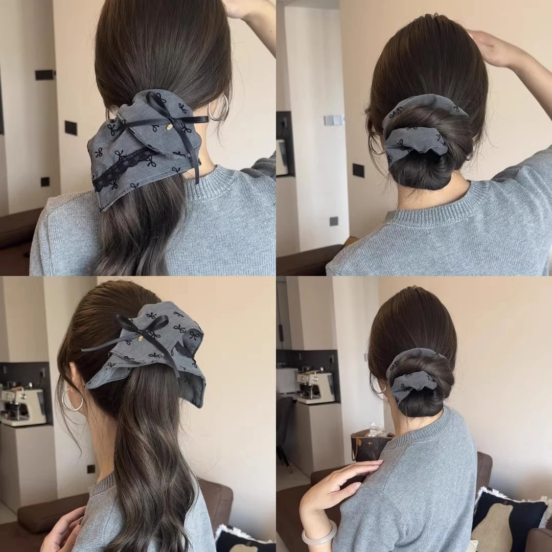 灰色格雷系蝴蝶结方形大肠发圈女头绳高级感马尾辫丸子头发绳发饰