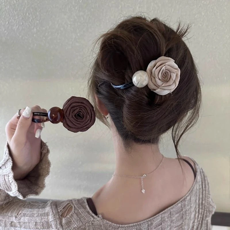气质干枯玫瑰一字发夹女后脑勺盘发抓夹2024新款复古扭扭夹子头饰