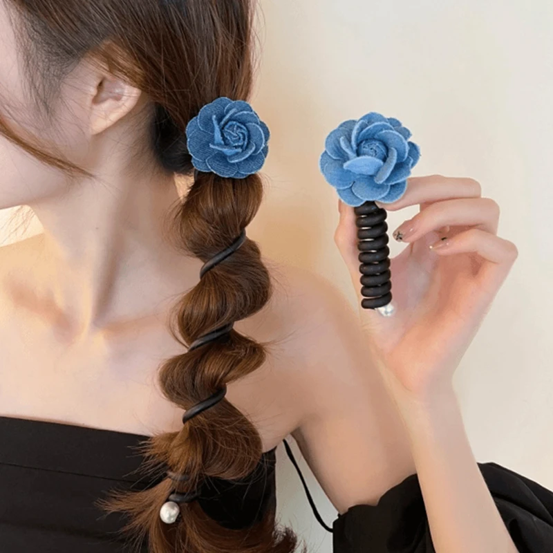 夏天牛仔蓝花朵电话线发圈网红2024新款皮筋扎头发女高级感头饰