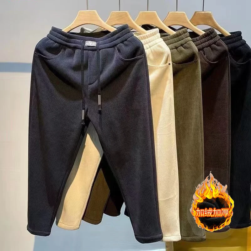 秋冬季加绒加厚卫裤男装时尚哈伦裤运动男裤宽松气质灯芯绒休闲裤