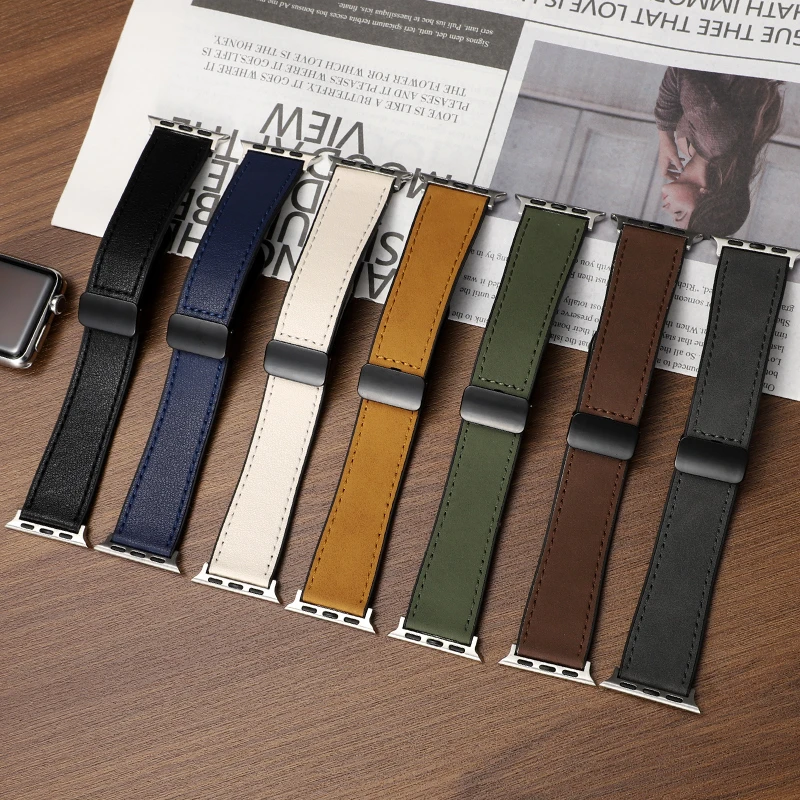 适用iwatch苹果S9手表表带Ultra硅胶贴皮磁吸疯马纹S8/S7/S6/45MM