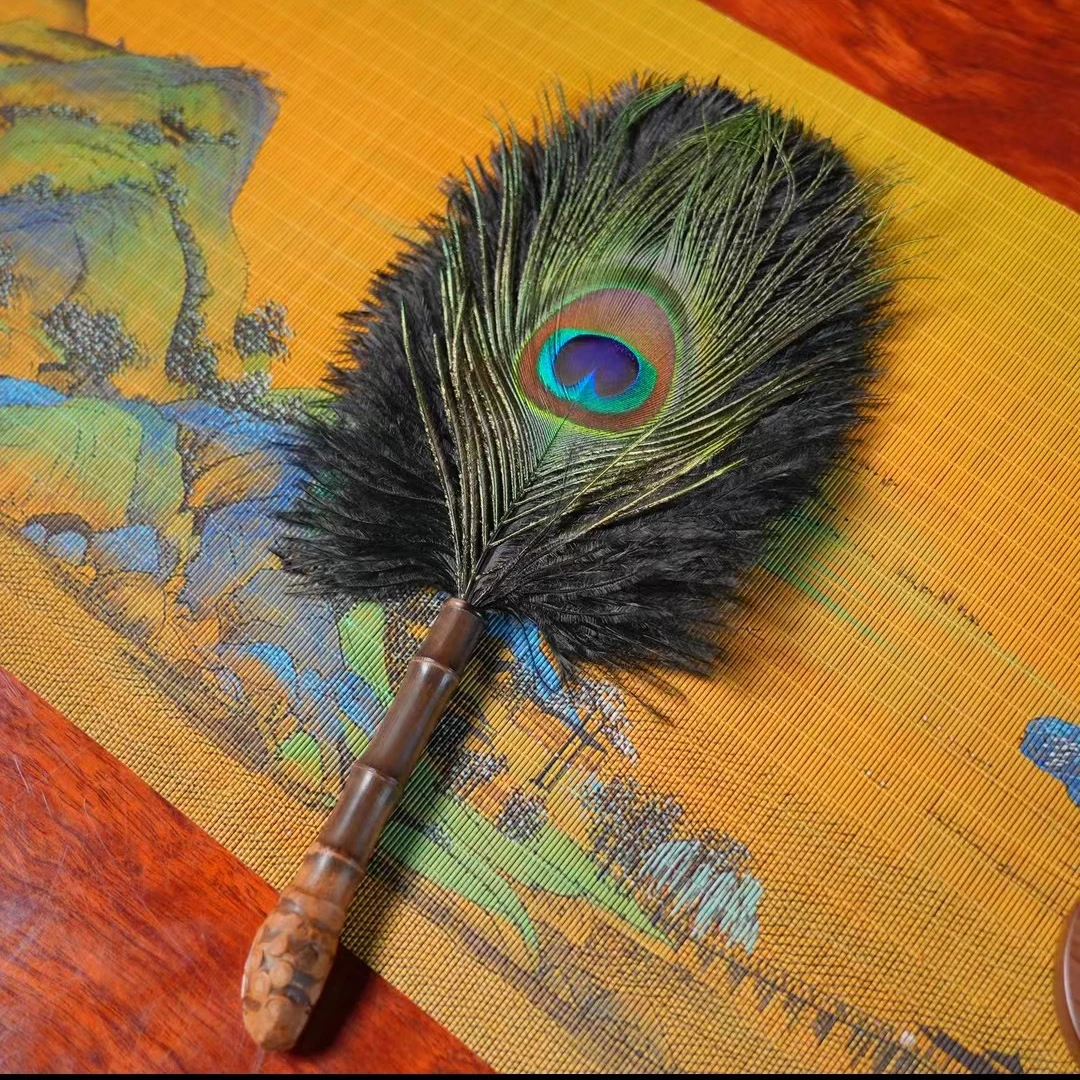 孔雀翎鸵鸟羽毛静电除尘掸紫竹孔雀羽毛茶室桌面扫灰2-3人小茶台