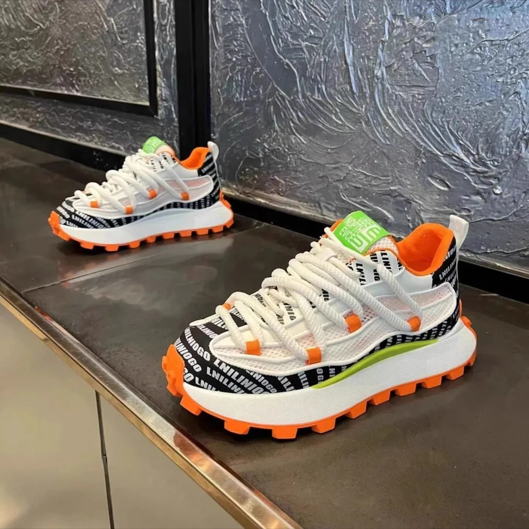 网面透气男鞋2024夏季新款交叉绑带百搭休闲阿甘鞋厚底增高老爹鞋