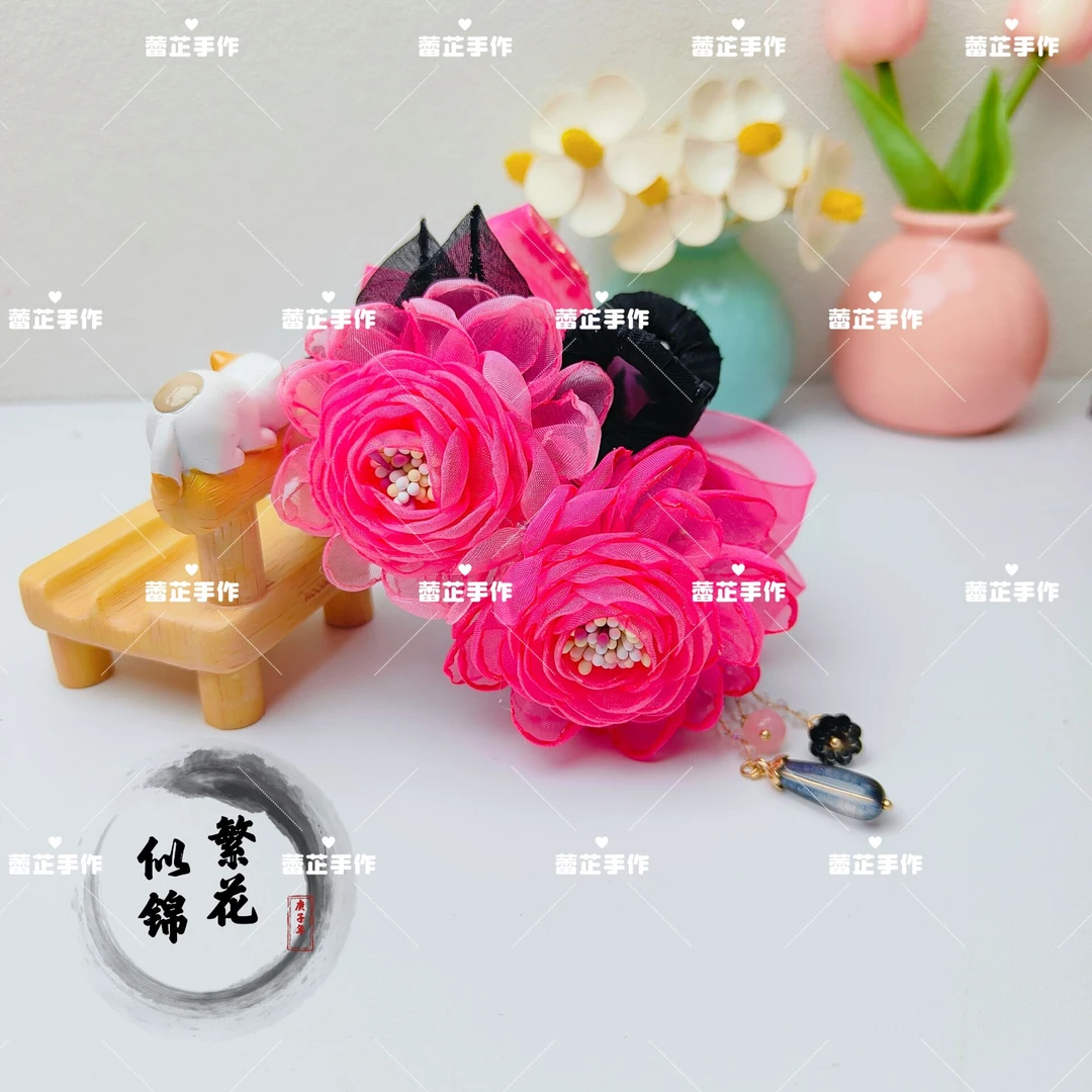 超仙花朵绿色森系珍珠流苏发夹女气质后脑勺盘发鲨鱼夹田园风发饰