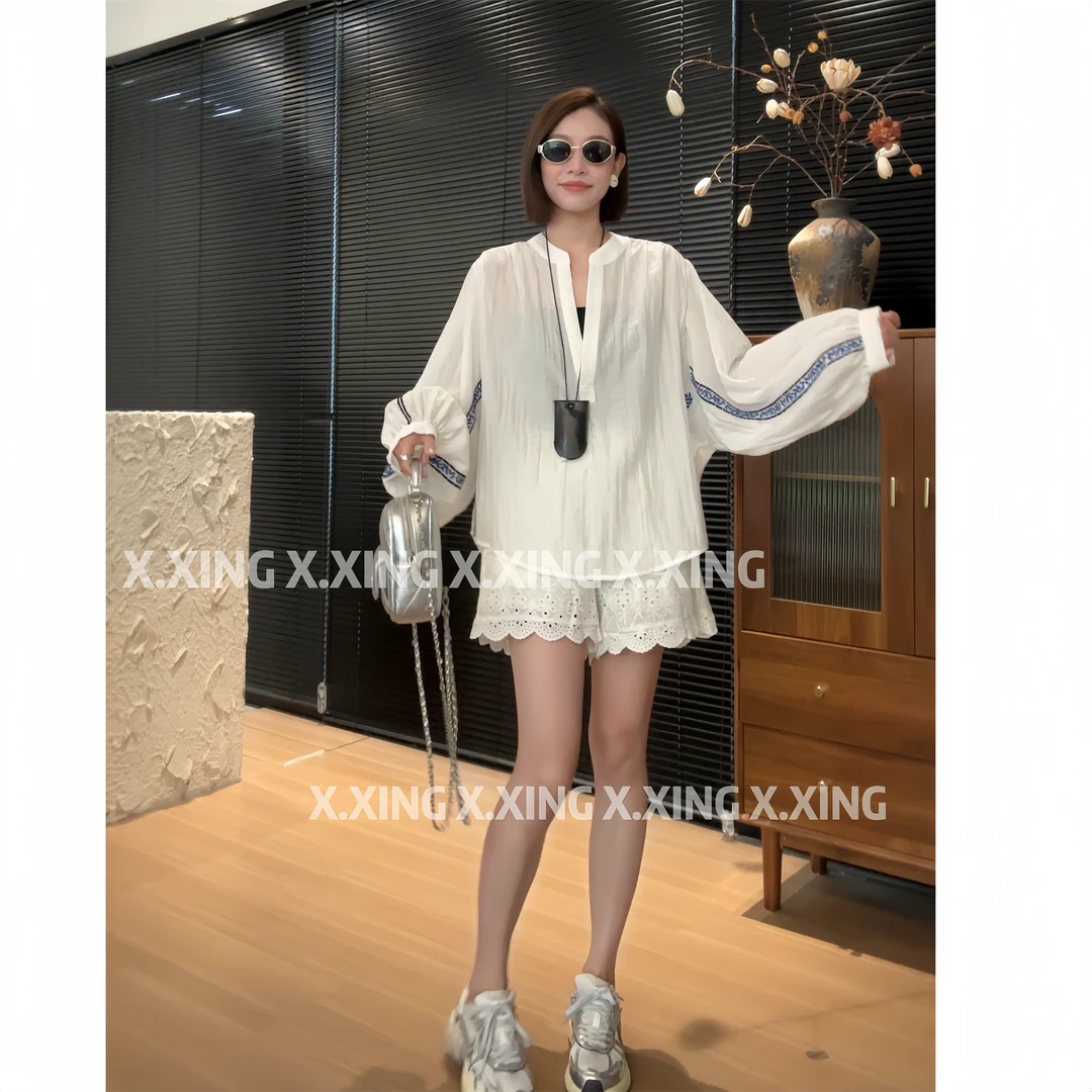 X.x.法式V领灯笼袖时尚百搭韩版夏季衬衫女衬衣休闲上衣C33-7530