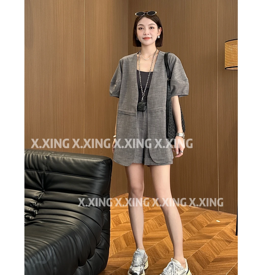 X.x.夏季新款气质简约V领泡泡袖短袖休闲显瘦短款两件套C32-XX32