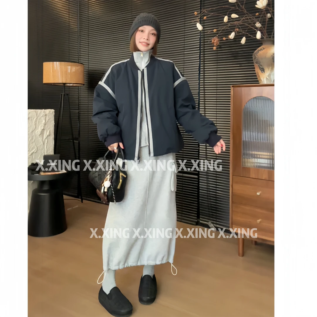X.x.拼色侧条短款保暖女冬新款设计感小个子棒球服外套C31-2287