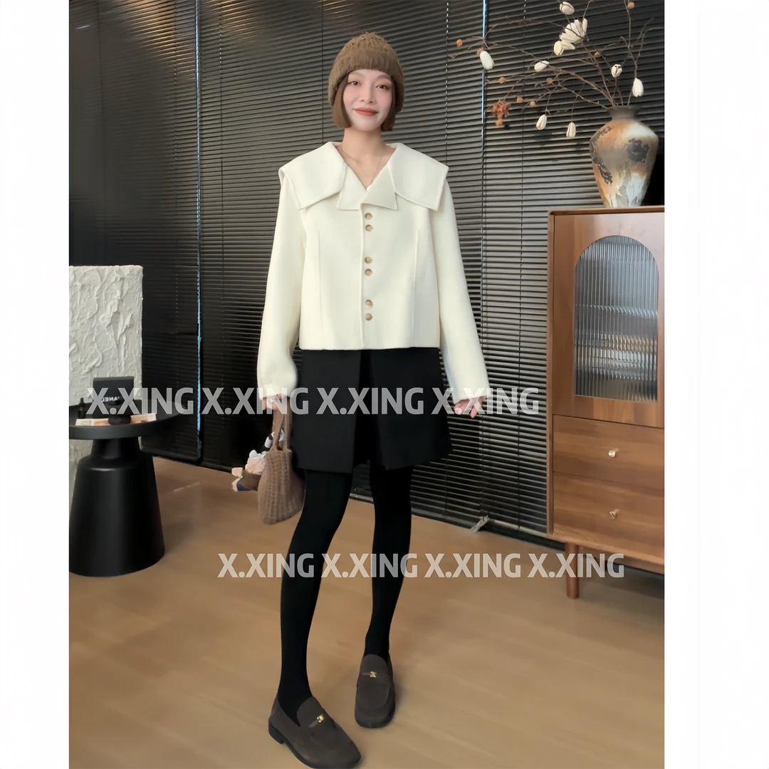 X.x.秋冬季新款韩系海军领大衣女短款小个子毛呢外套C31-2205