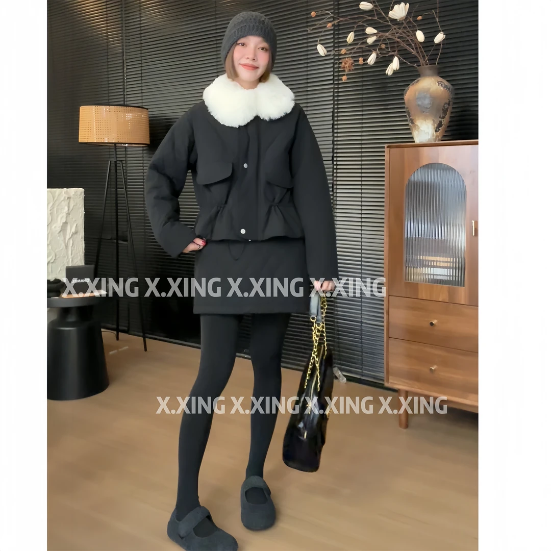 X.x.毛毛翻领休闲时尚显瘦菱格短款棉服半身裙套装C32-60959