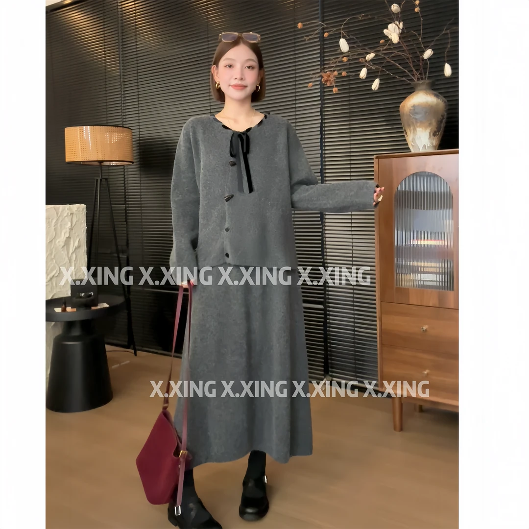 X.x.复古系带蝴蝶结慵懒风高级感针织开衫高腰半身裙套装C31-2262