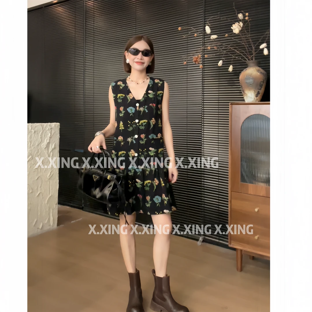 X.x.法式小个子无袖印花赫本风背心裙气质高级感连衣裙C31-8138