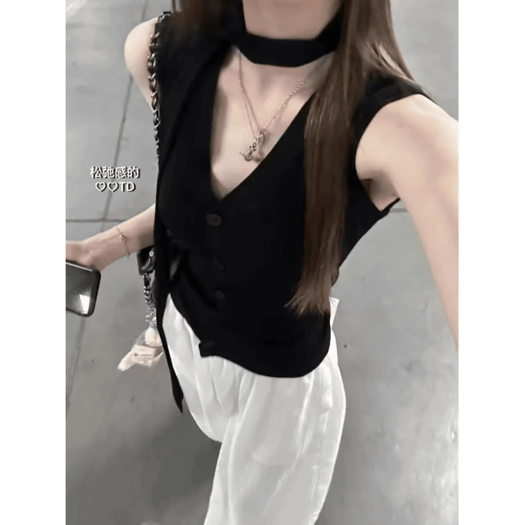复古黑色气质挂脖针织背心女夏季外穿吊带无袖v领短款上衣小开衫