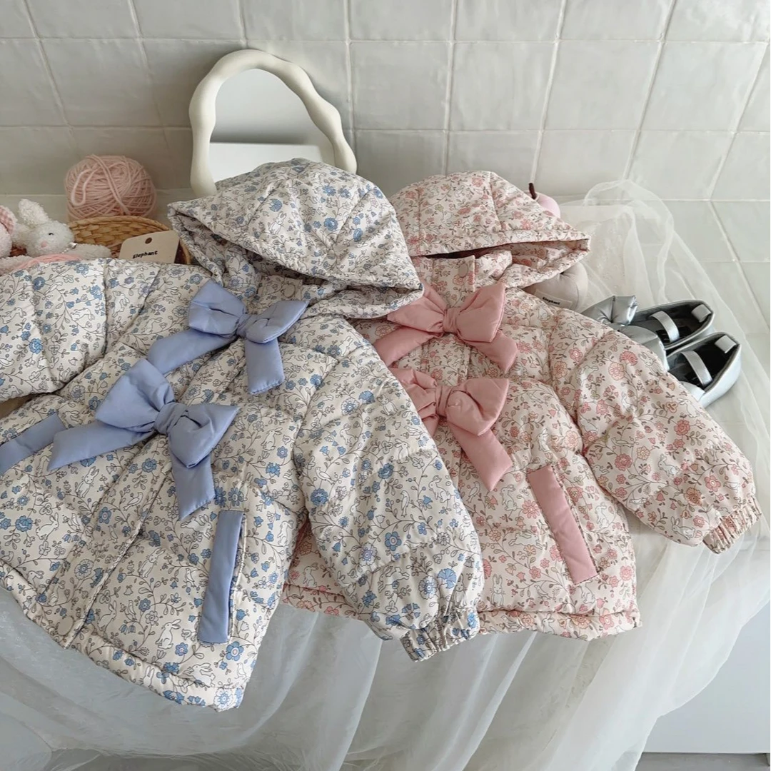 儿童棉服冬季碎花三层加厚加绒防寒女宝蝴蝶结棉服