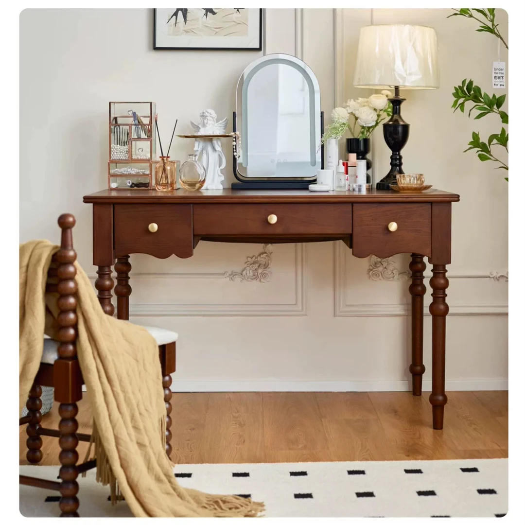 法式中古风书桌加宽桌面卧室妆台多功能红橡木实木桌文艺复古风