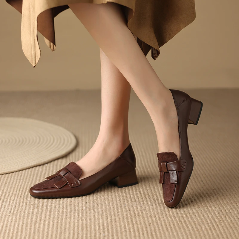 2025春季新款真皮乐福鞋尖头法式复古中跟粗跟单鞋女