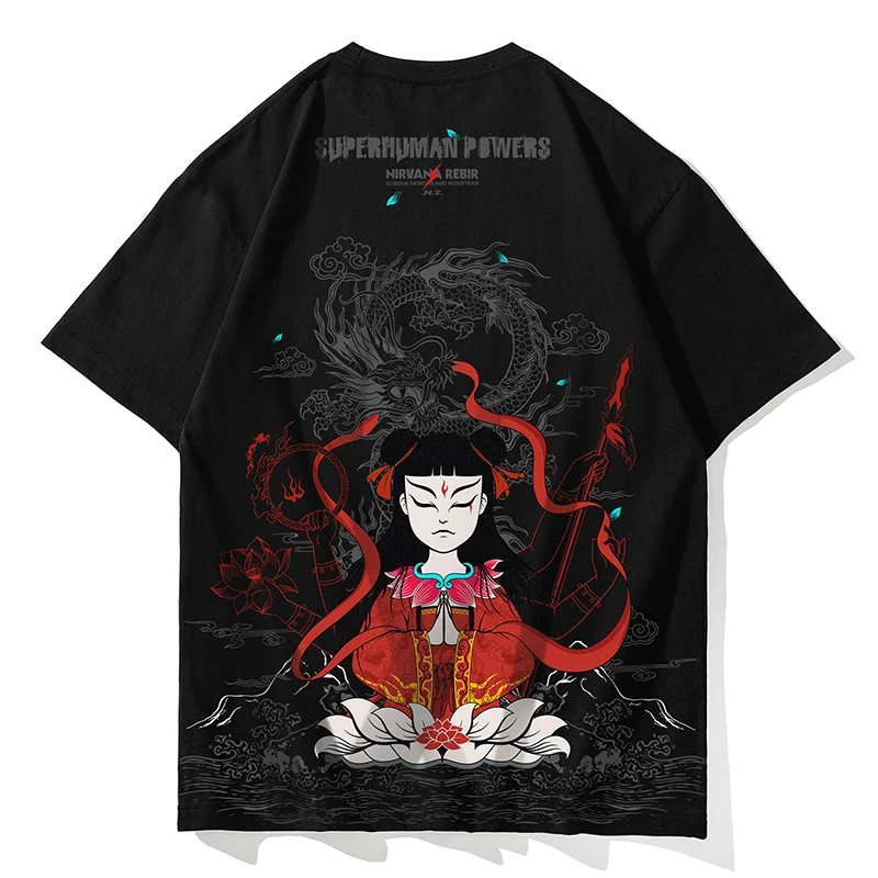 哪吒闹海国潮重磅纯棉摇滚魔童卡通印花T恤男女夏季宽松痛仰短袖