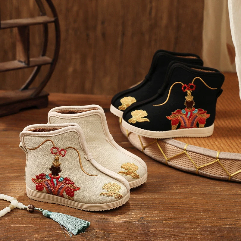古风鞋男童汉服鞋冬款保暖棉鞋靴儿童绣花鞋学生表演出鞋短靴子