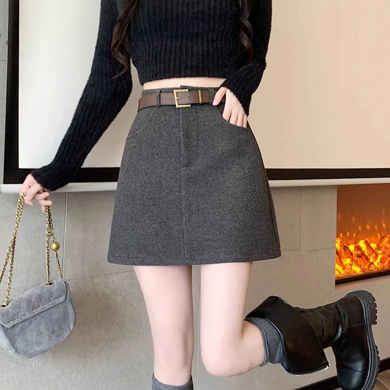 带腰带小矮个子搭配显高高腰毛呢包臀半身裙百搭a字西装短裙