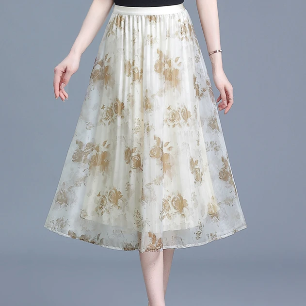 夏季新款水晶纱印花系列网纱裙显瘦半身裙气质裙子A字大摆裙