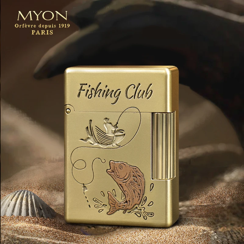 MYON猛哥钓鱼人款黄铜镶嵌MYON欧洲勉牌煤油机浮雕工艺创意打火机