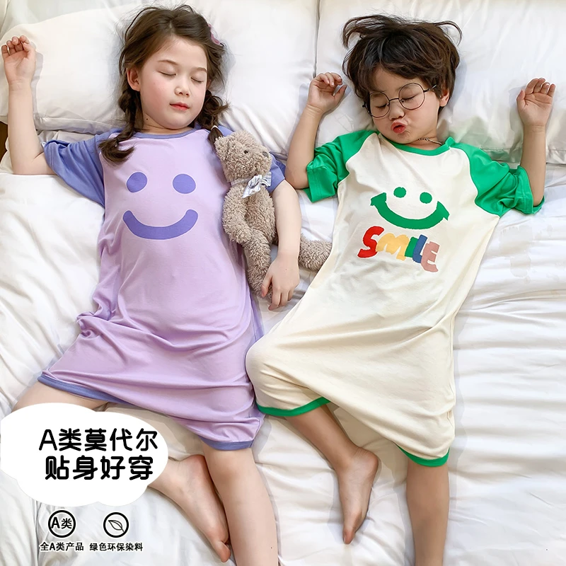 儿童连体睡衣夏季薄款短袖可爱宝宝笑脸家居服连体衣莫代尔夏天