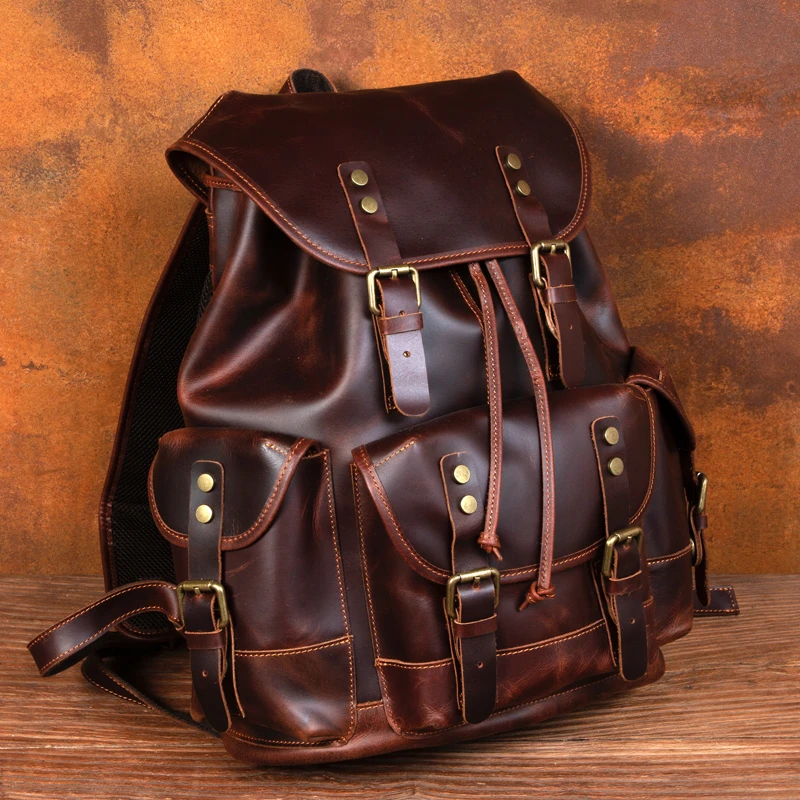 慢时光复古疯马皮男士大容量旅行包时尚潮流真皮双肩背包牛皮书包